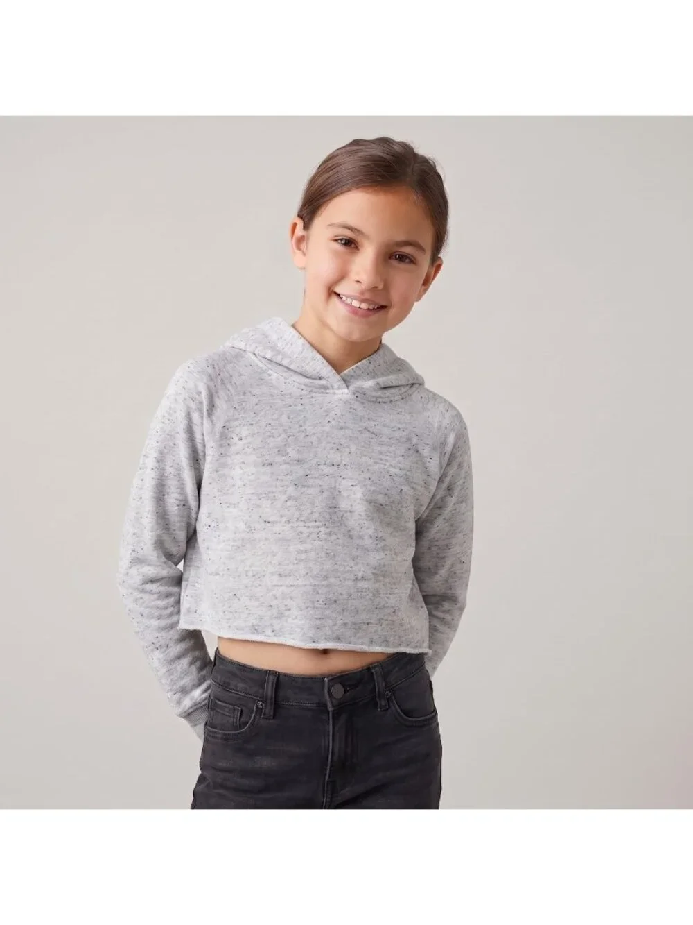 Justice Girl's Heathered Gray Loose Fit Raw Hem Cropped Hoodie Top in size 8-10